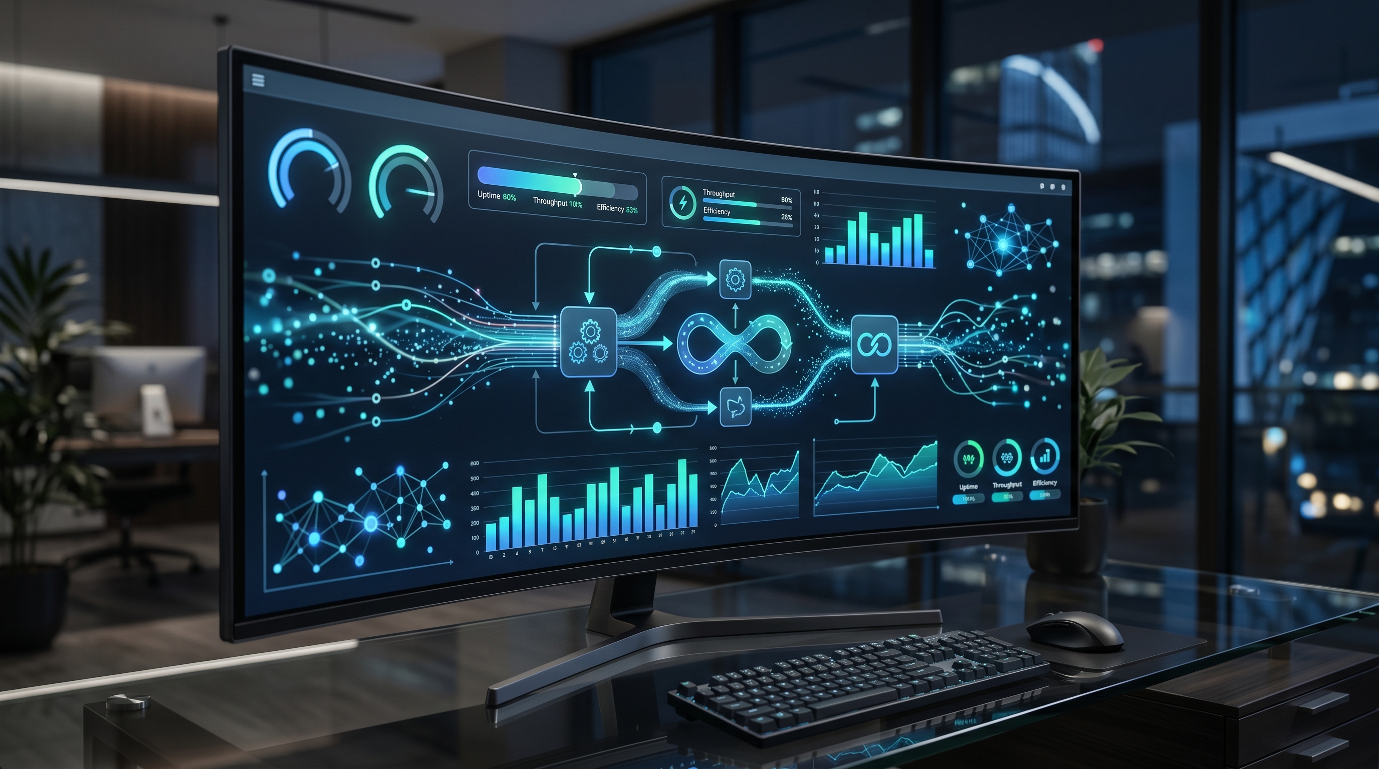Modern financial dashboard with interconnected data flows and automation indicators
