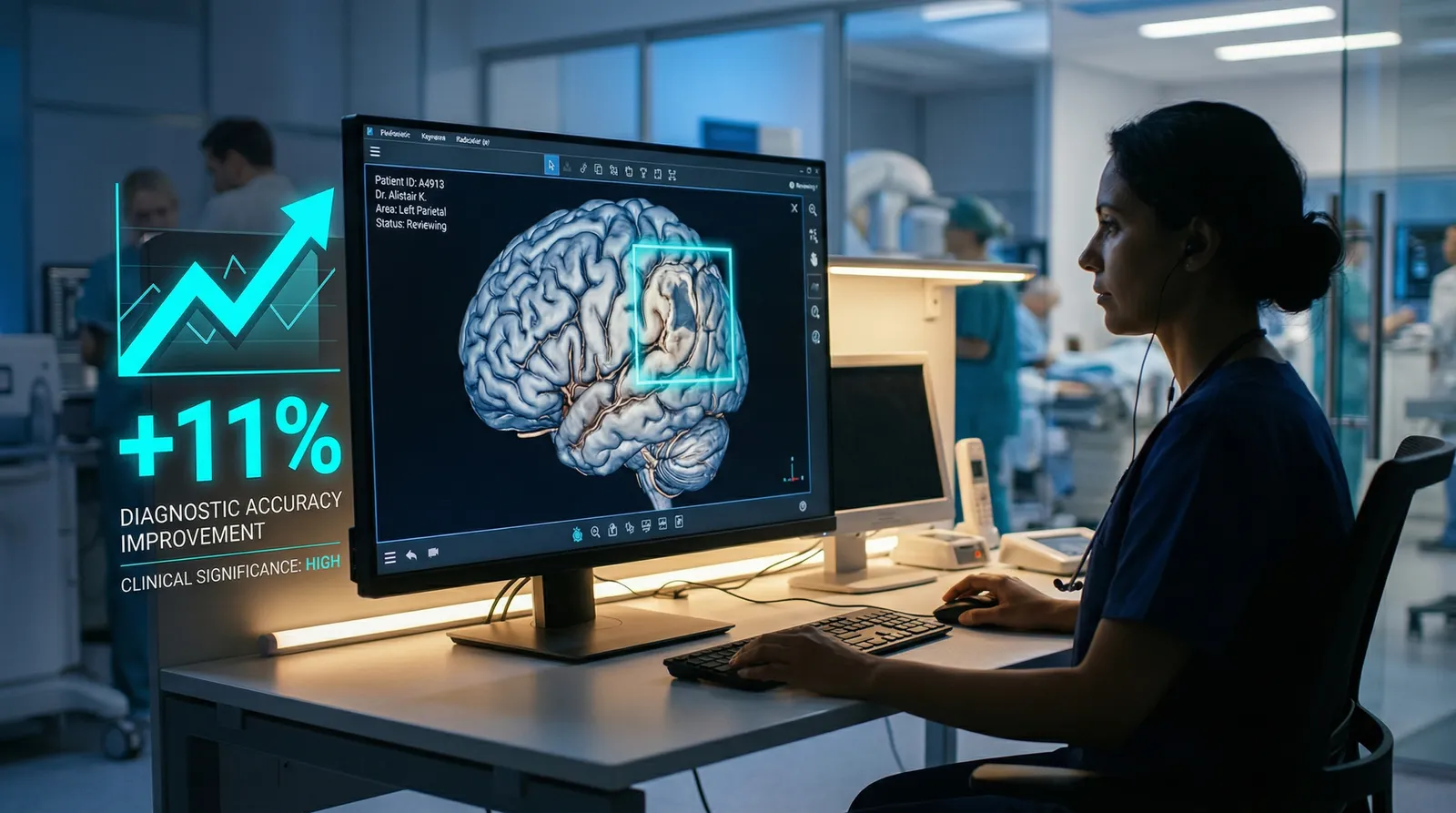 3D MRI scan visualization showing bounding box localization and multi-timepoint overlays comparing disease progression with anatomical labels