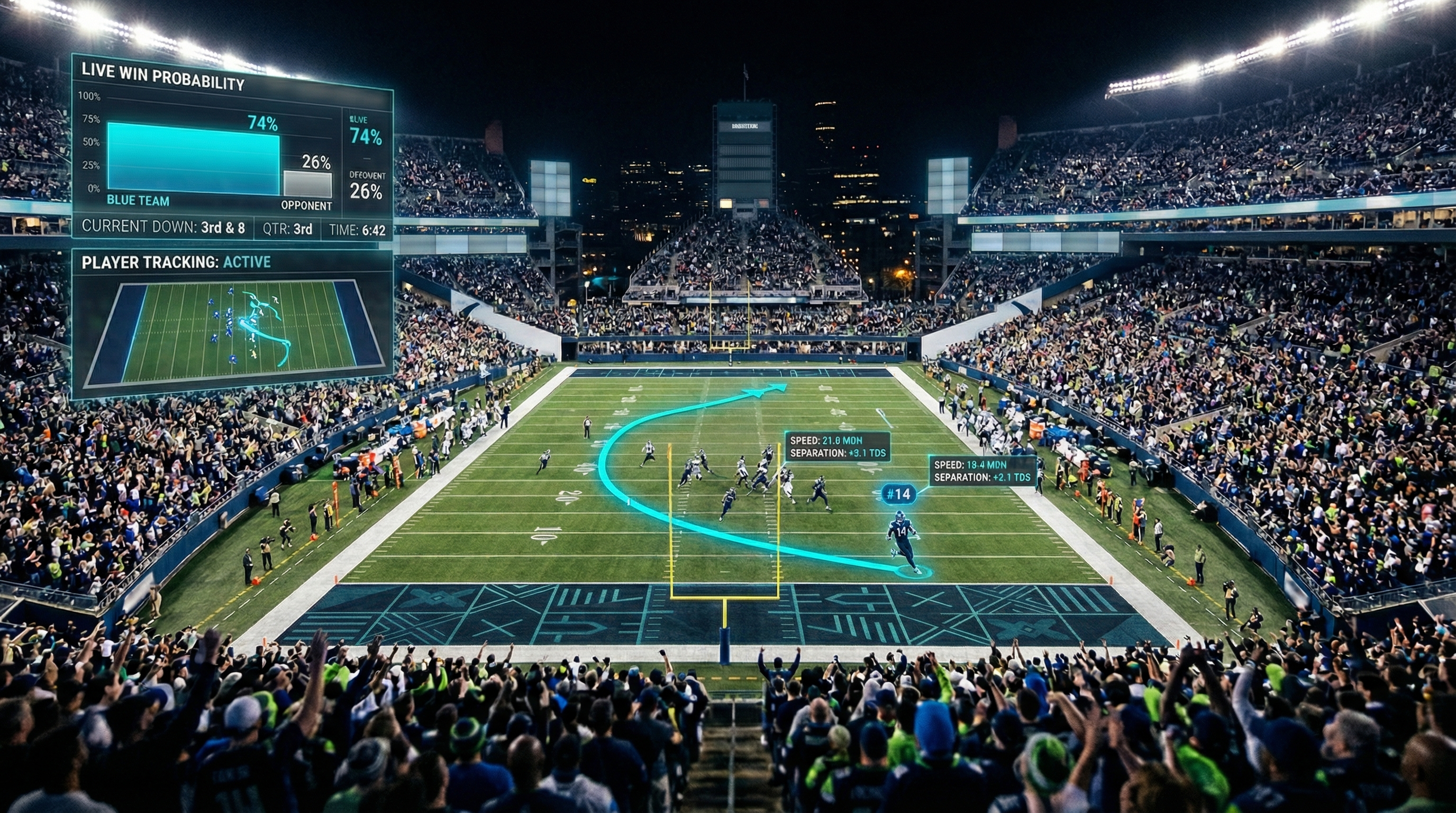 AI data overlay on live sports broadcast, stadium and digital analytics theme