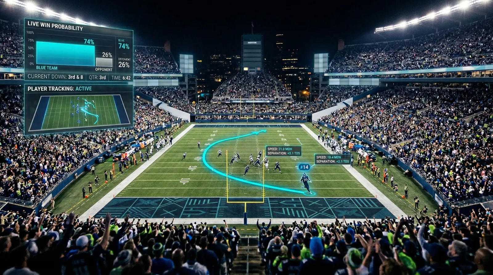 AI data overlay on live sports broadcast, stadium and digital analytics theme