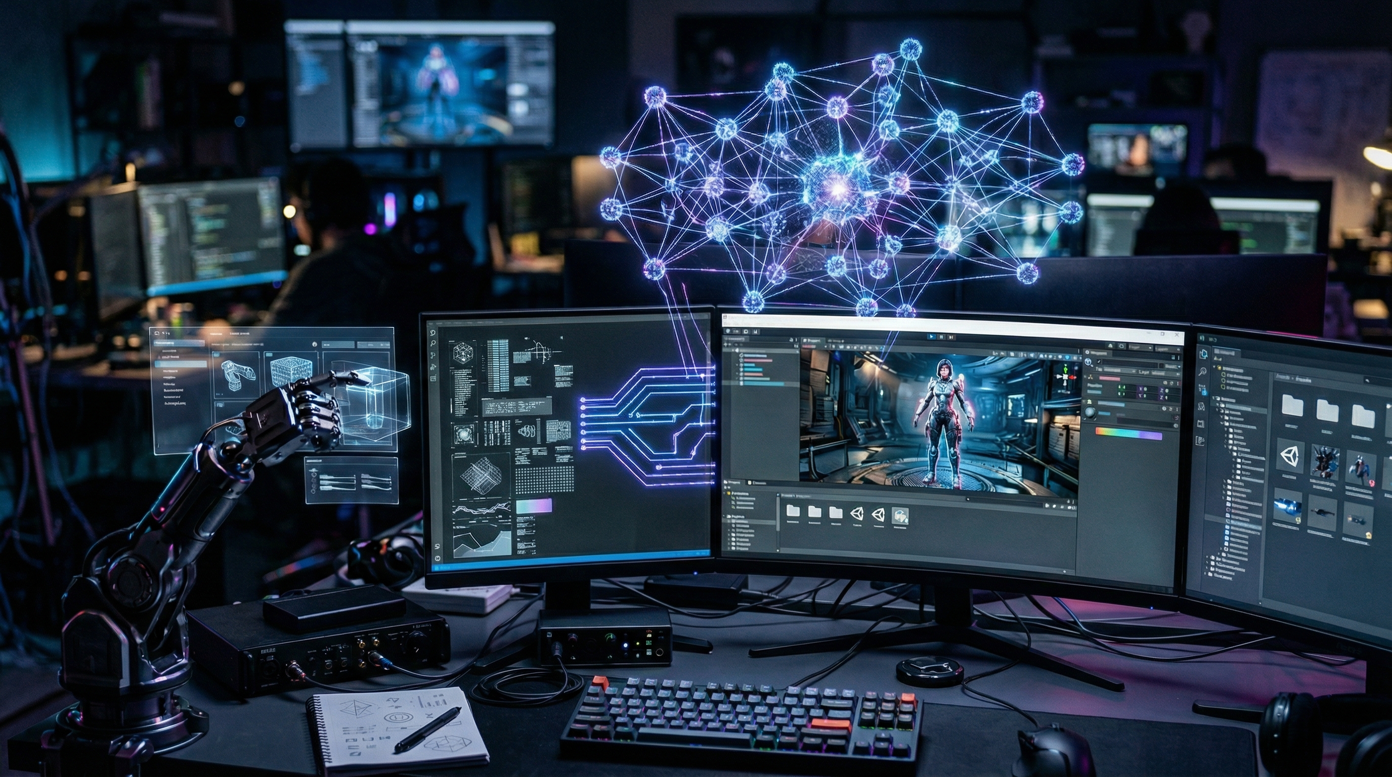 Futuristic game development workspace with holographic AI neural networks and Unity interface