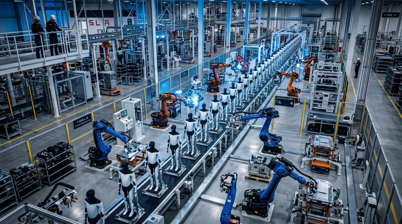 Tesla Optimus humanoid robot on a factory floor surrounded by robotic assembly arms and blue-tinted industrial lighting