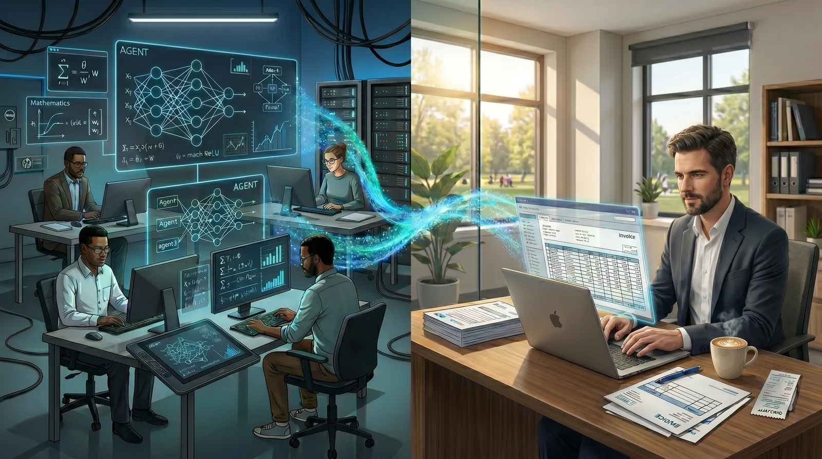 Split view: frontier AI lab on one side, Main Street business on the other, connected by cyan gradient