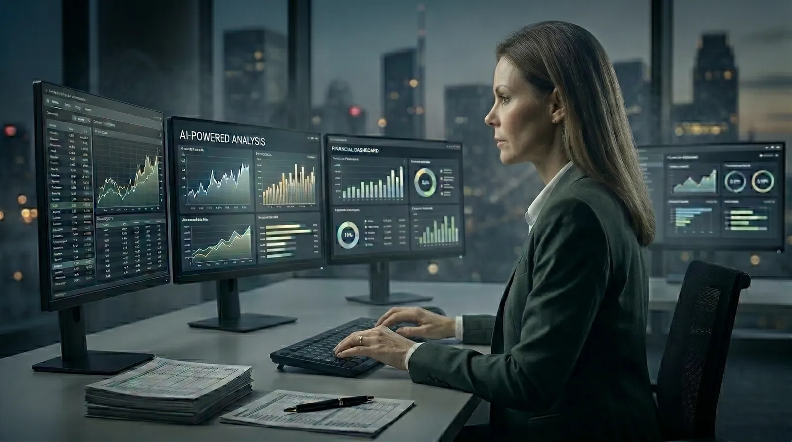 Finance team reviewing AI-assisted analysis with manual reasoning notes and professional judgment controls