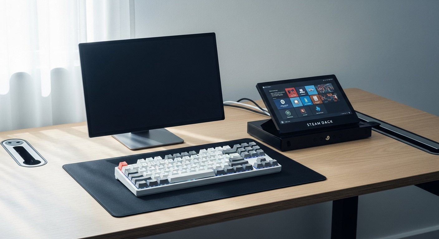 Carry-on backpack with portable monitor, compact keyboard, and tech organizer setup