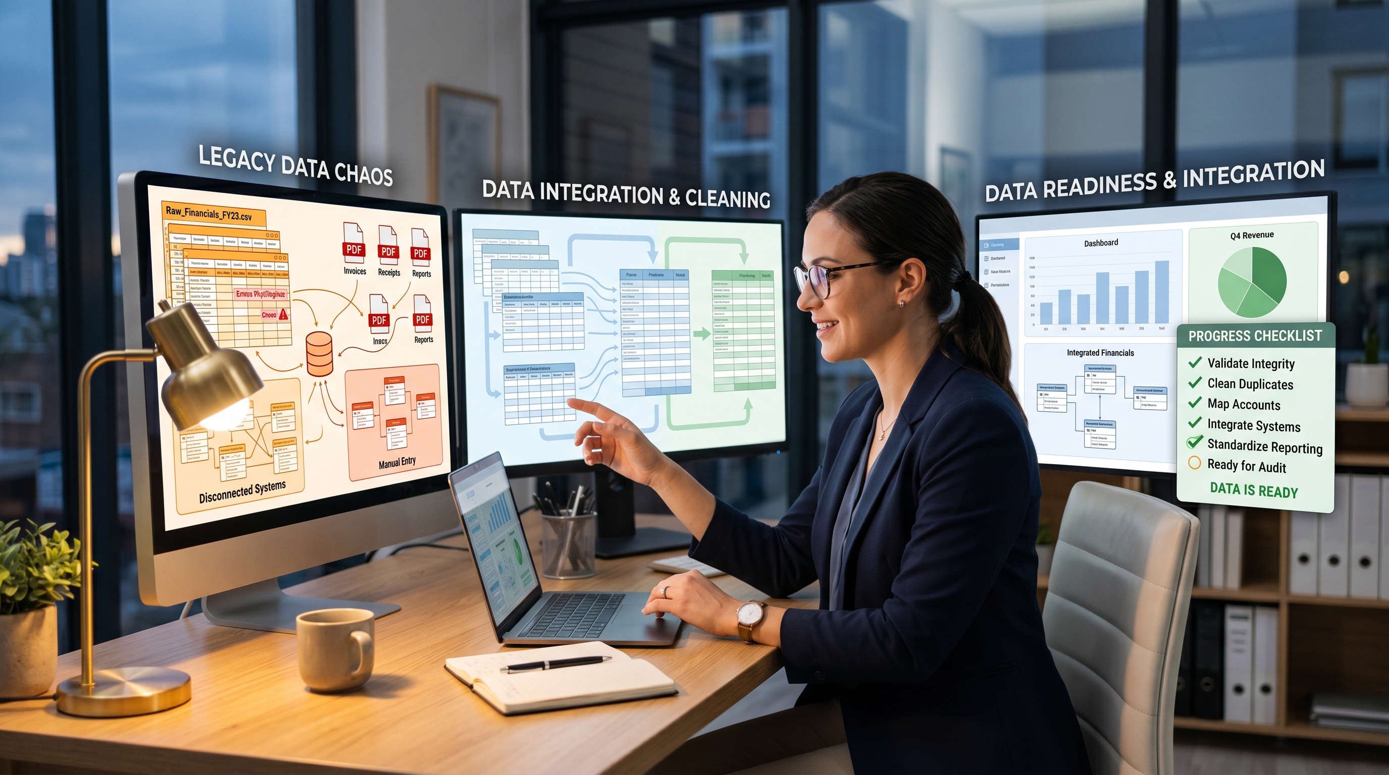 CEO reviewing financial dashboard on laptop showing revenue charts, cash flow trends and key business metrics