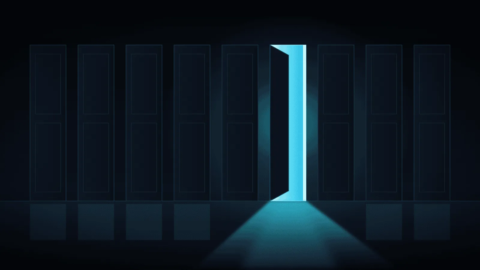 Row of dark closed doors with one standing open and cold cyan light spilling across the floor