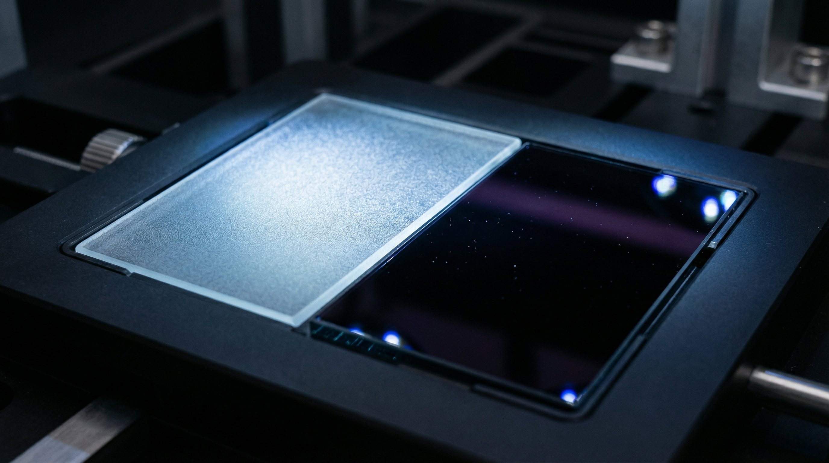 Macro photography of nano-textured and smooth anti-reflective display glass coatings