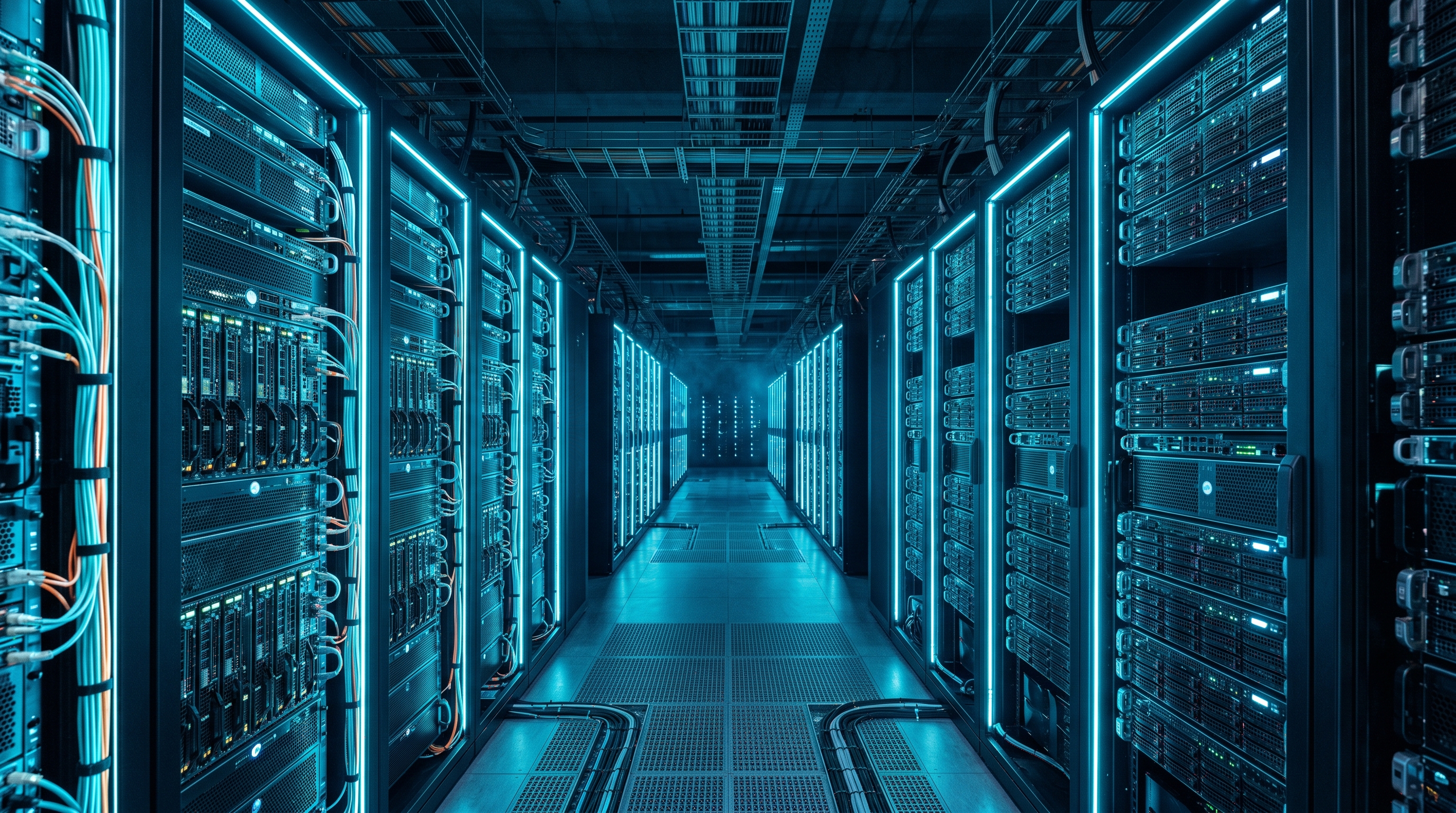 Ultra-high-end studio photograph of data center infrastructure with dramatic electric-blue lighting and circuit-board pattern