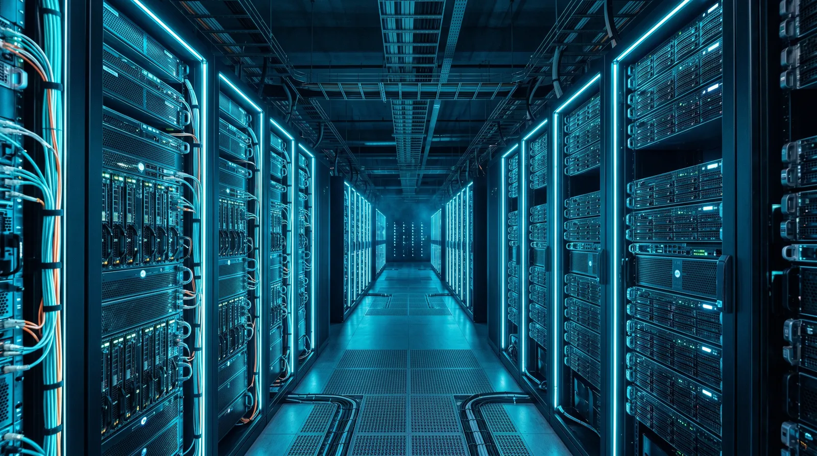 Ultra-high-end studio photograph of data center infrastructure with dramatic electric-blue lighting and circuit-board pattern