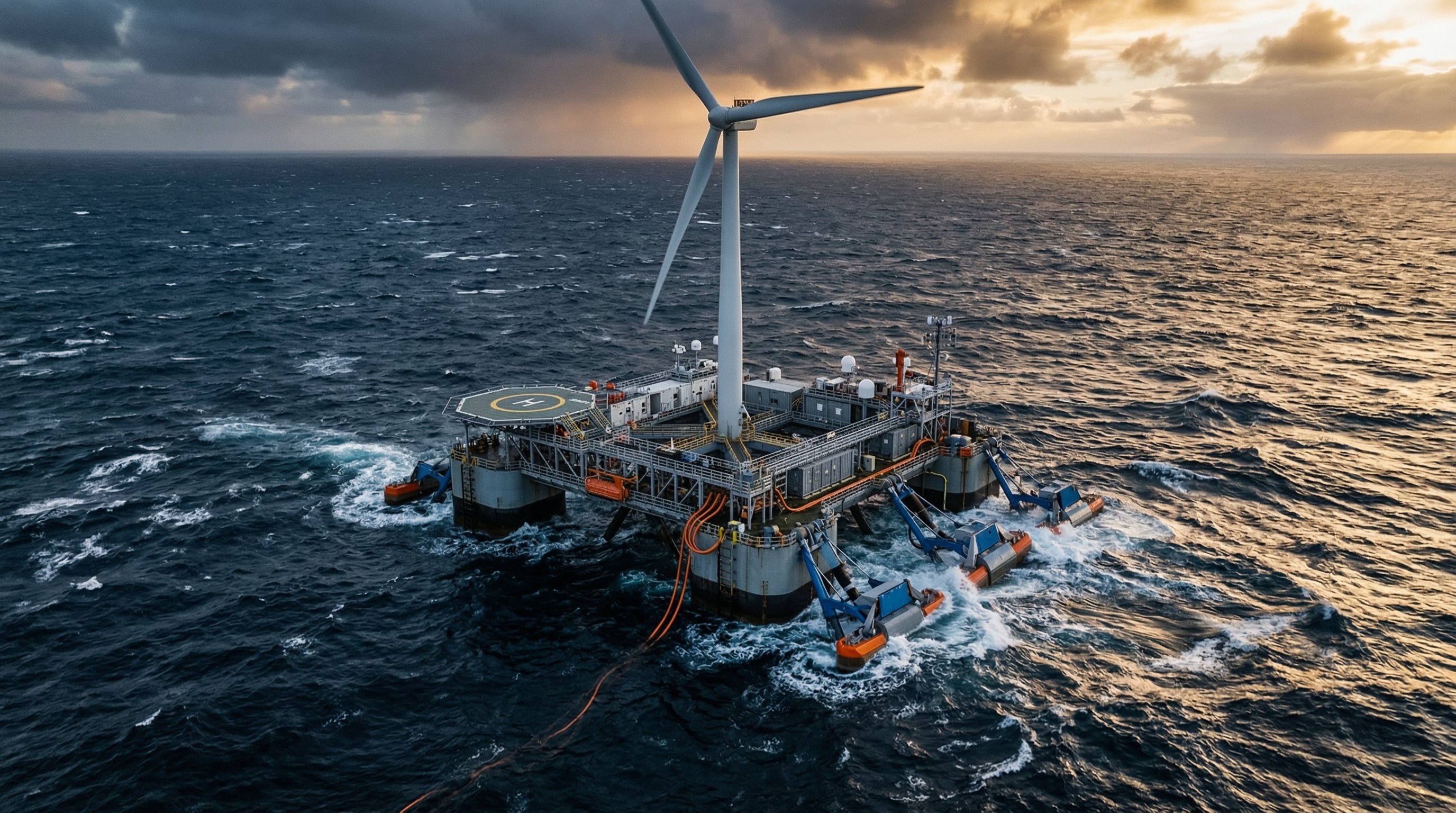Floating offshore energy platform with integrated wind turbine and wave energy converter in dynamic ocean setting