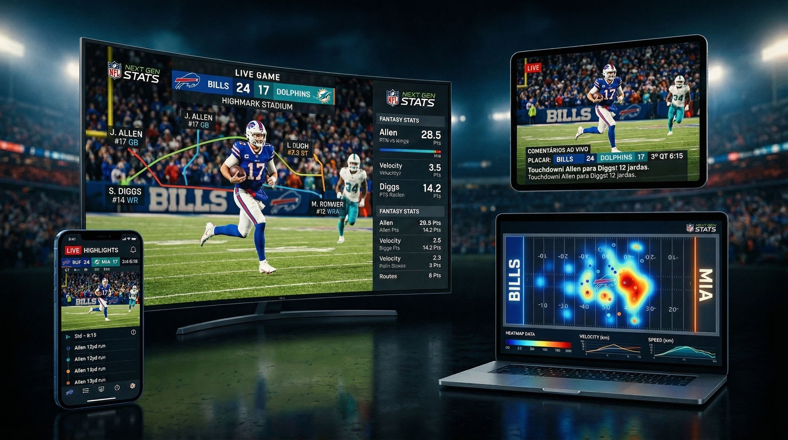 Split-screen showing multiple personalized sports broadcast feeds on different devices and screens