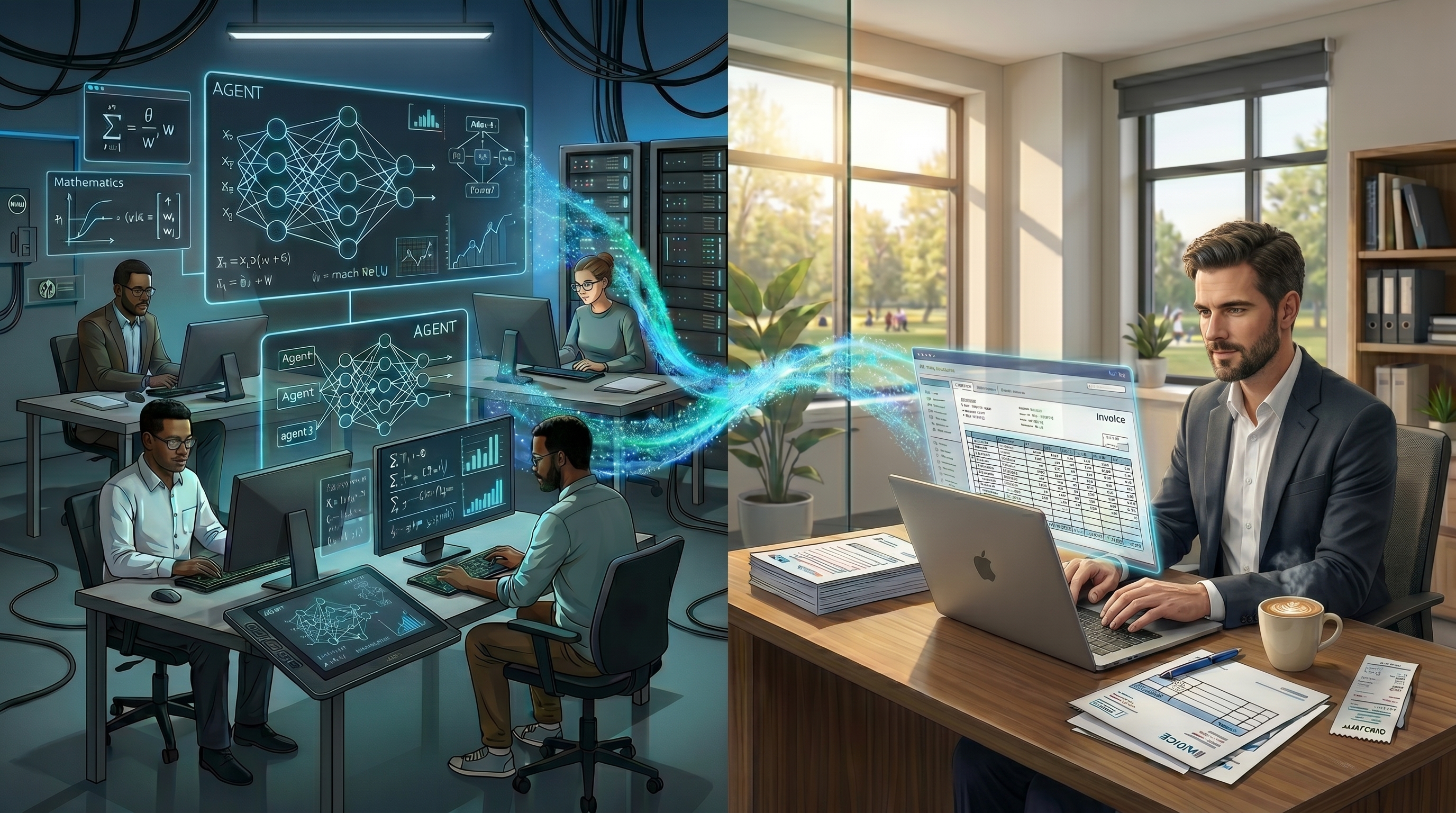 Split view: frontier AI lab on one side, Main Street business on the other, connected by cyan gradient