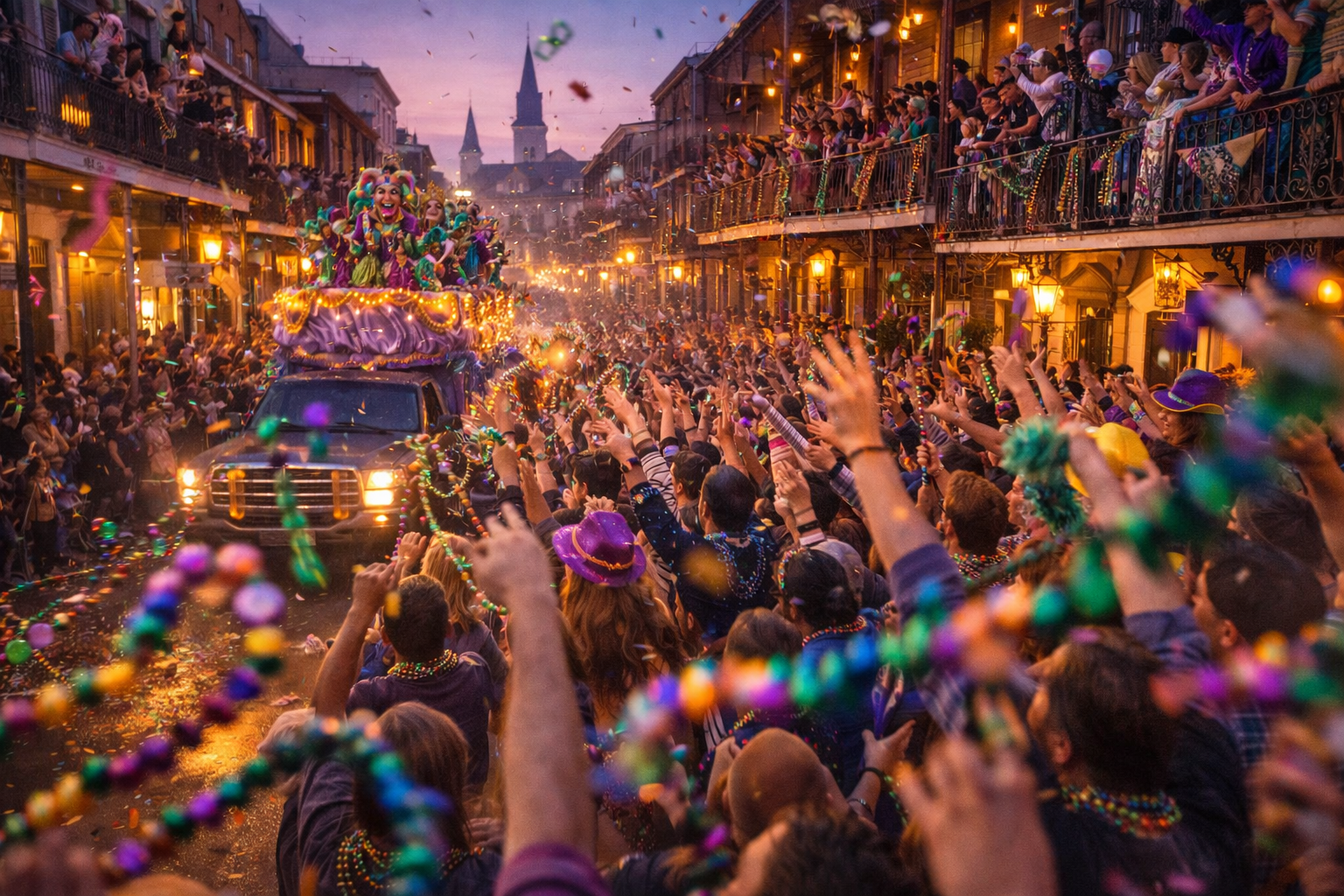 Mardi Gras parade with a packed crowd and throws in the air