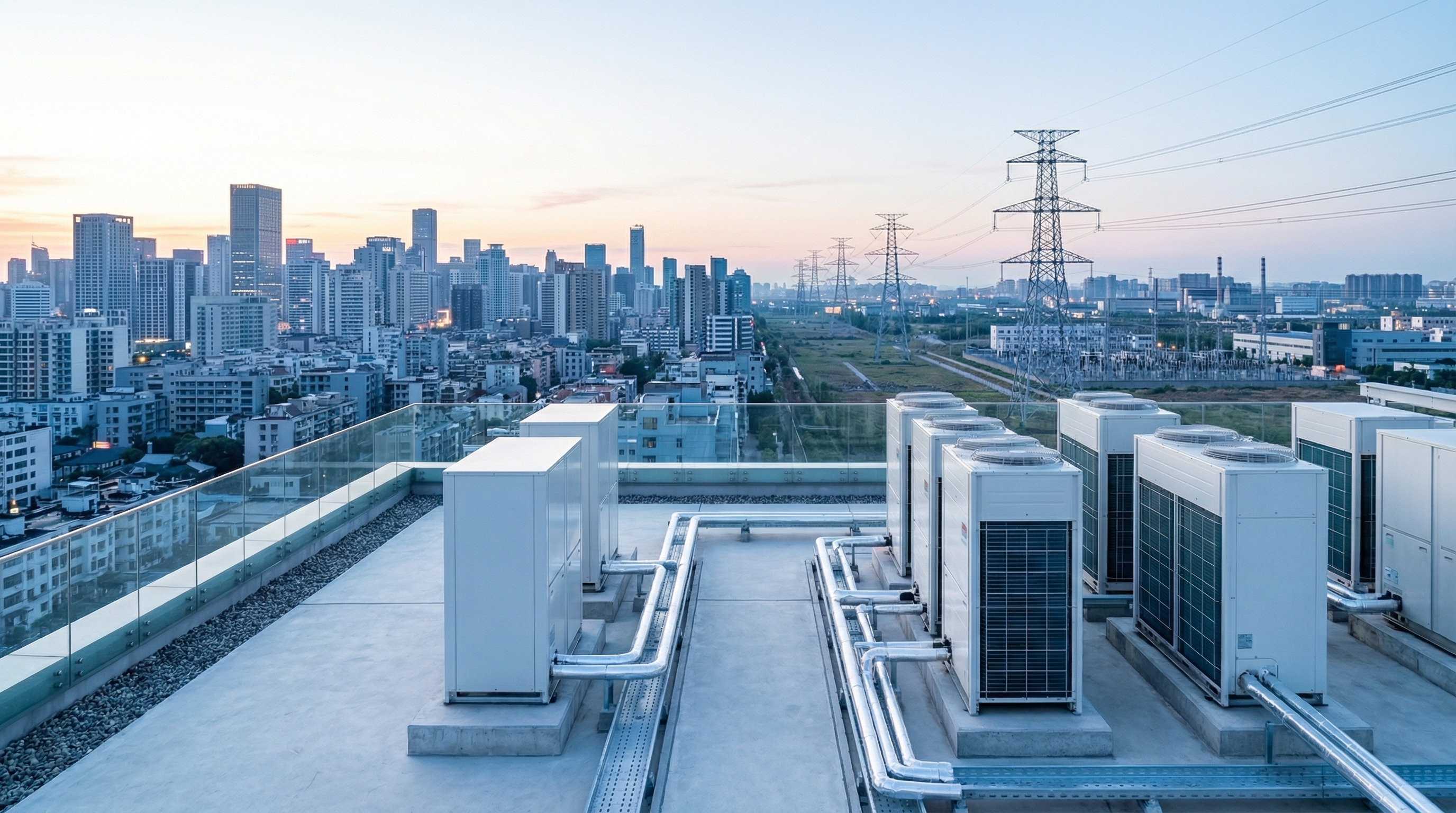 Modern urban rooftop heat pump units with city skyline and power transmission lines