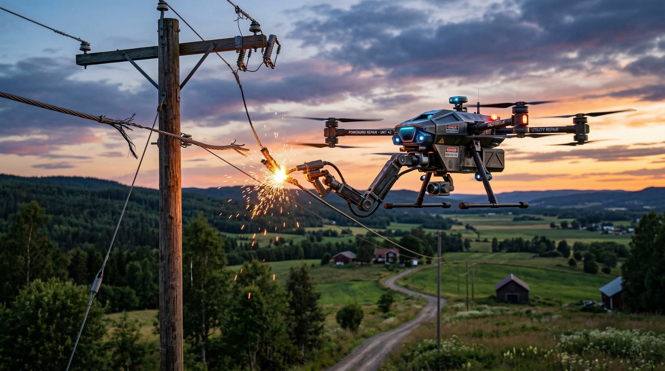 Autonomous drones with thermal and LiDAR sensors assessing damaged power grid infrastructure and transmission towers after disaster