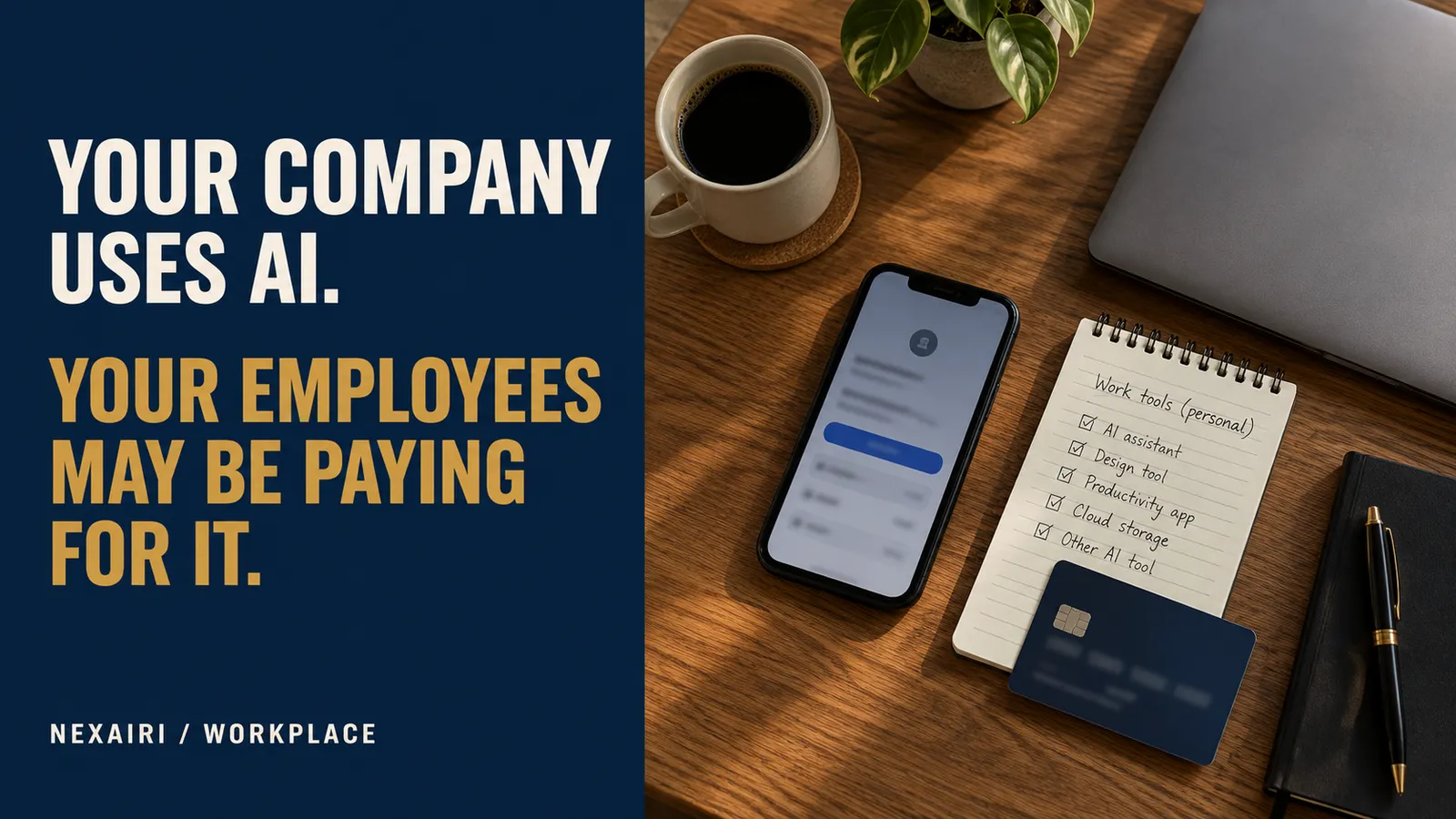 Split graphic: YOUR COMPANY USES AI next to a desk with a personal credit card, phone and notepad listing AI work tools