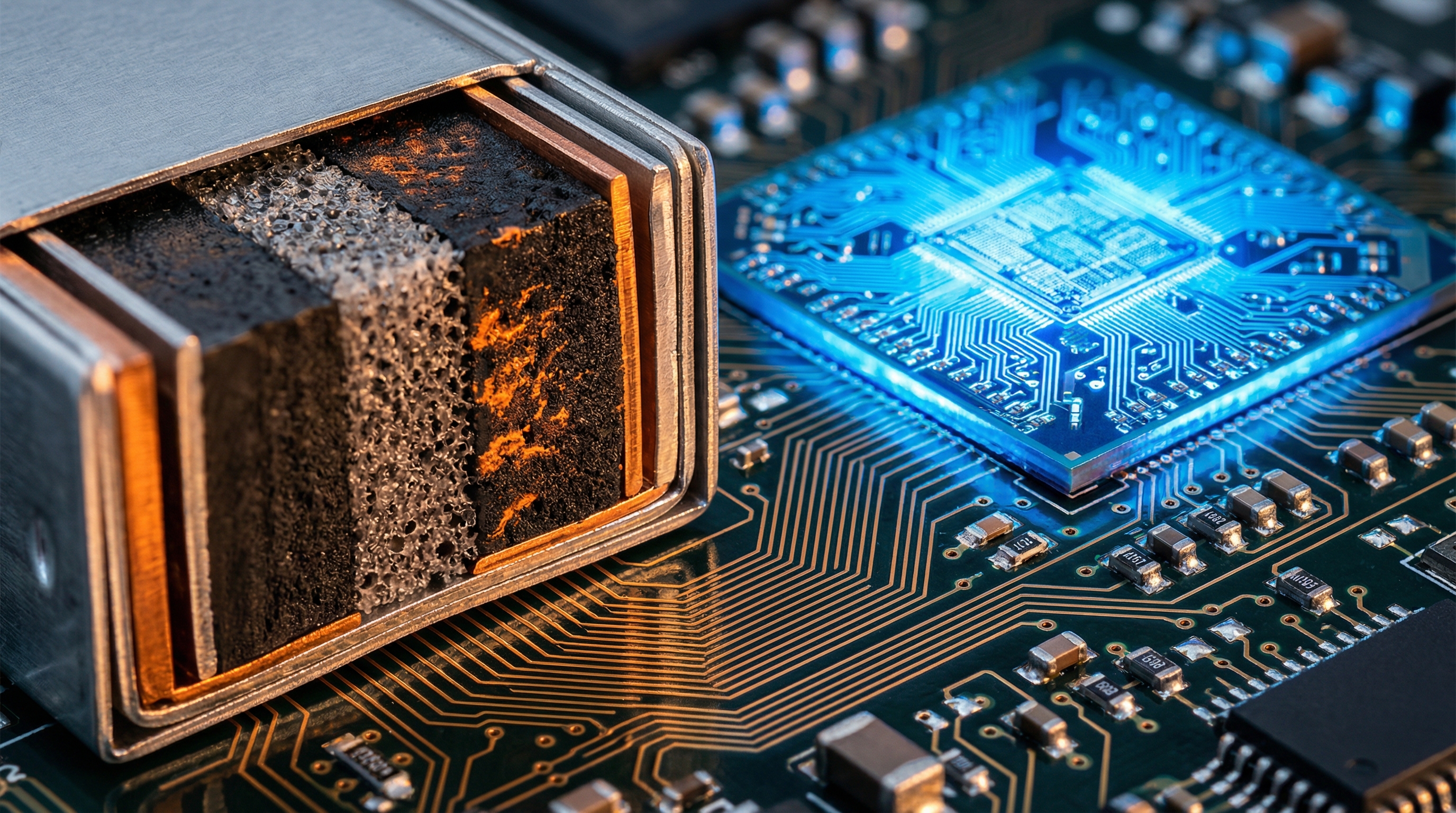 Lithium-ion battery cell with neural processor traces showing energy demands