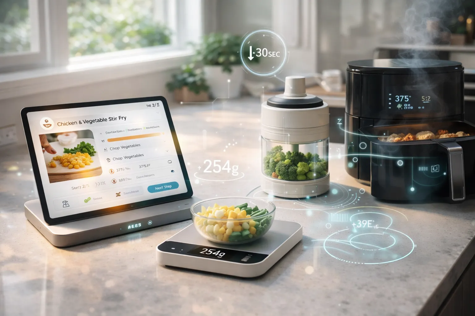 Smart kitchen gadgets and meal prep technology symbolizing the practical applications of physical AI in homes
